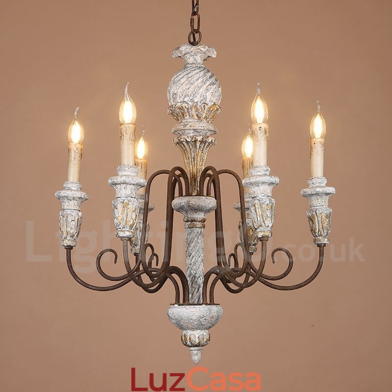 Lustre de madeira vintage country com 6 luzes e camada única para iluminação