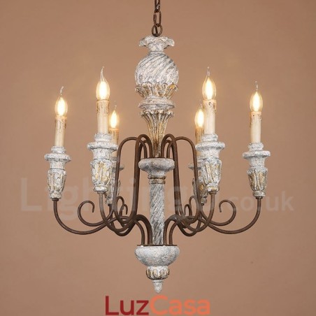 Lustre de madeira vintage country com 6 luzes e camada única para iluminação Lustre de madeira vintage country com 6 luzes e camada única para iluminação