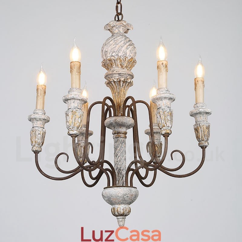 Lustre de madeira vintage country com 6 luzes e camada única para iluminação