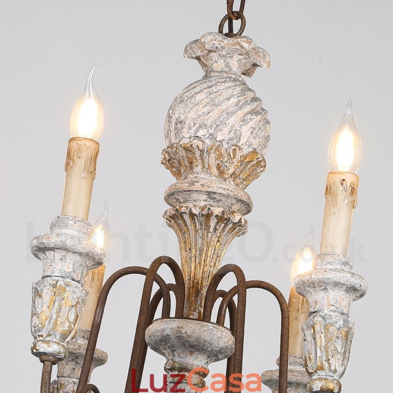 Lustre de madeira vintage country com 6 luzes e camada única para iluminação