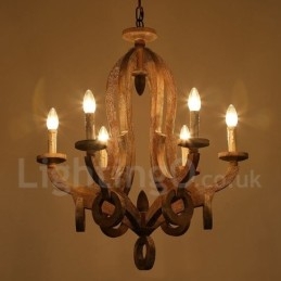 Lustre de madeira vintage country de 6 luzes de camada única, lâmpada de madeira