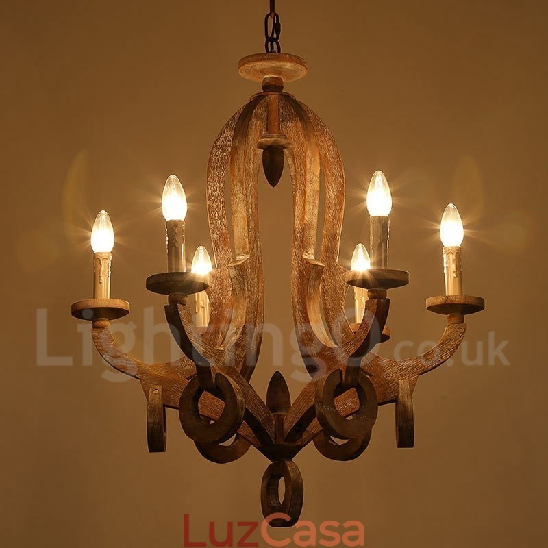 Lustre de madeira vintage country de 6 luzes de camada única, lâmpada de madeira