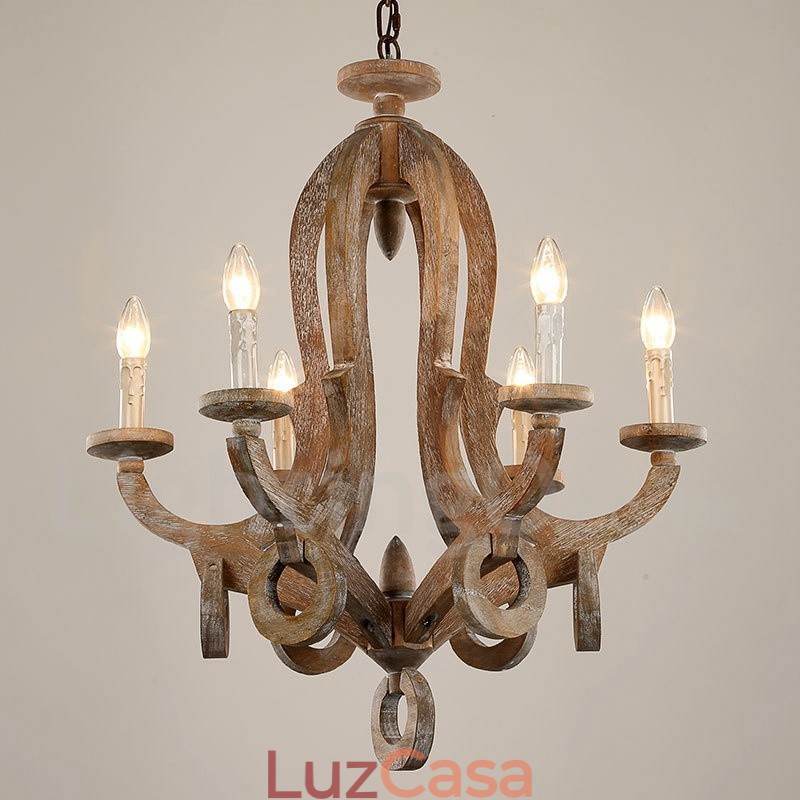 Lustre de madeira vintage country de 6 luzes de camada única, lâmpada de madeira