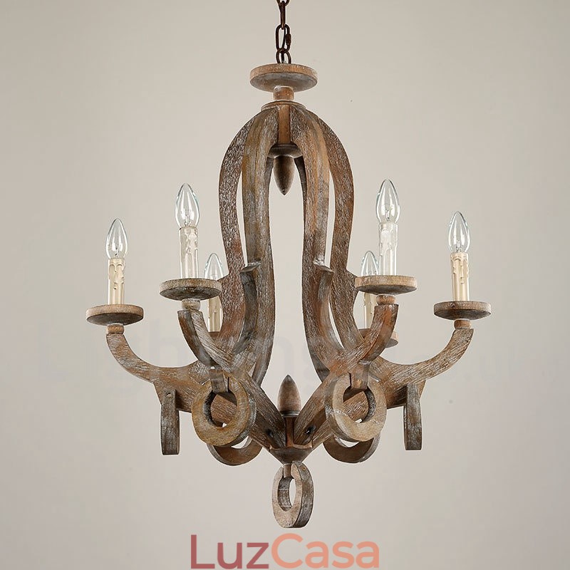 Lustre de madeira vintage country de 6 luzes de camada única, lâmpada de madeira