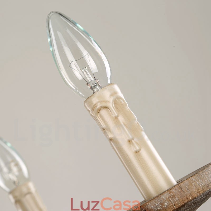 Lustre de madeira vintage country de 6 luzes de camada única, lâmpada de madeira