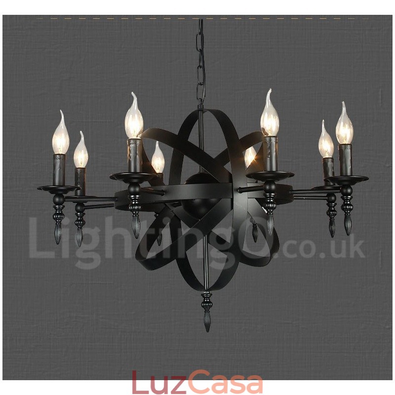 Lustre de metal vintage retrô preto com 8 luzes e camada única