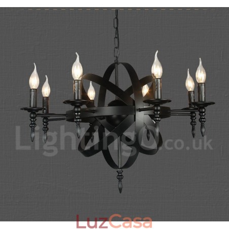 Lustre de metal vintage retrô preto com 8 luzes e camada única Lustre de metal vintage retrô preto com 8 luzes e camada única