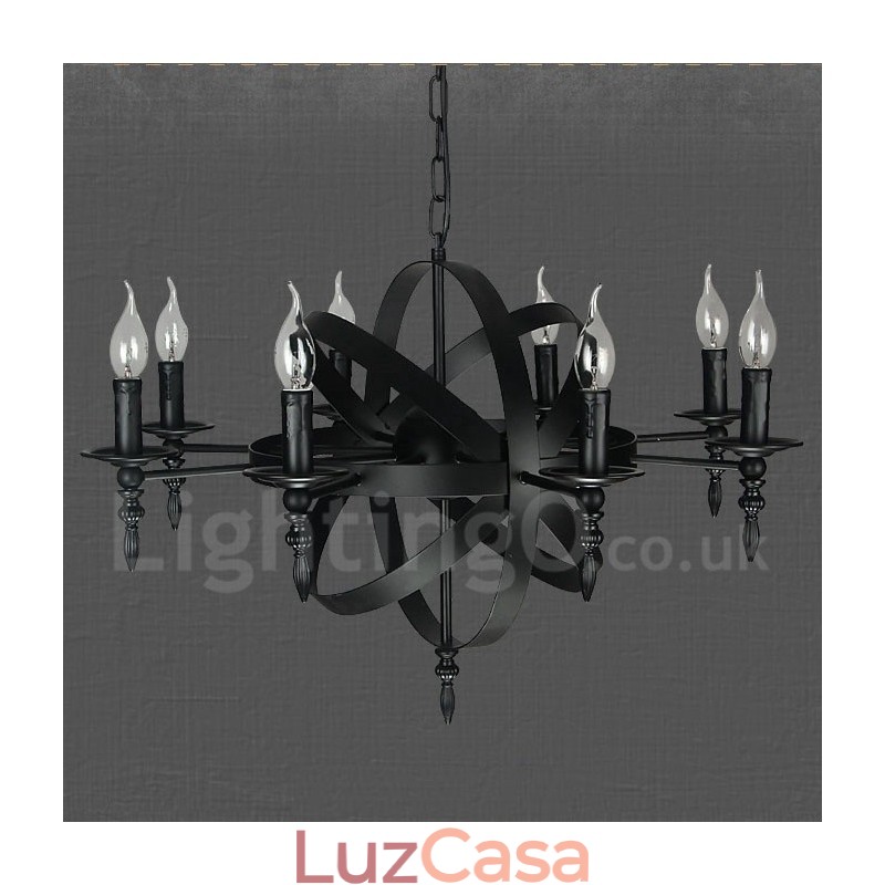 Lustre de metal vintage retrô preto com 8 luzes e camada única