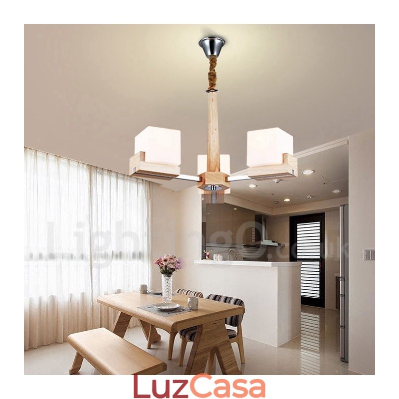 Lustre moderno contemporâneo de madeira com 3 luzes de nível único
