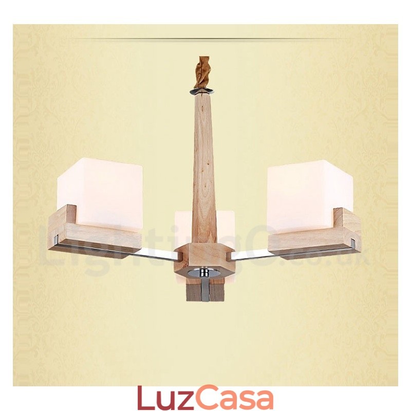 Lustre moderno contemporâneo de madeira com 3 luzes de nível único