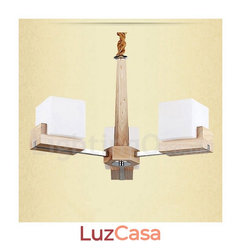 Lustre moderno contemporâneo de madeira com 3 luzes de nível único