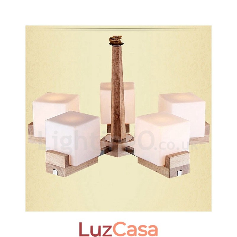 Lustre moderno contemporâneo de madeira com 5 luzes de nível único