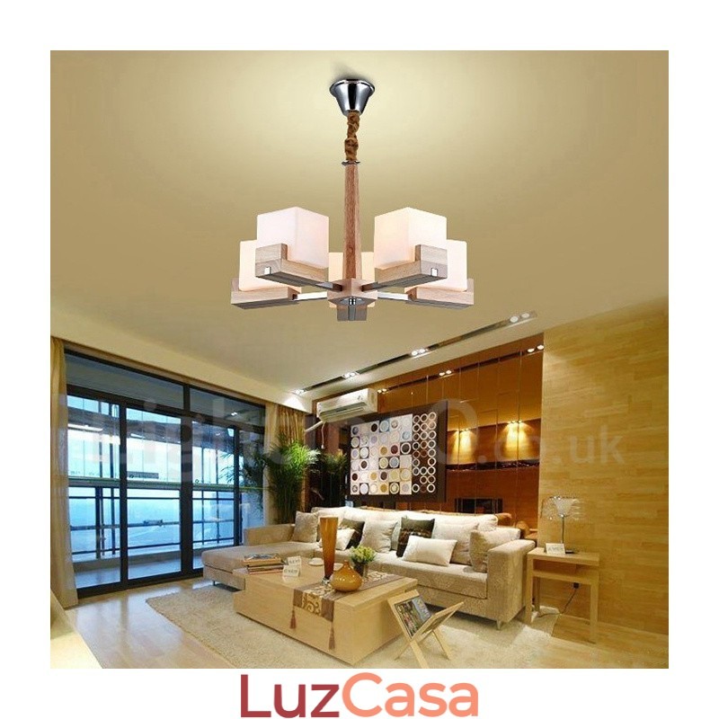 Lustre moderno contemporâneo de madeira com 5 luzes de nível único