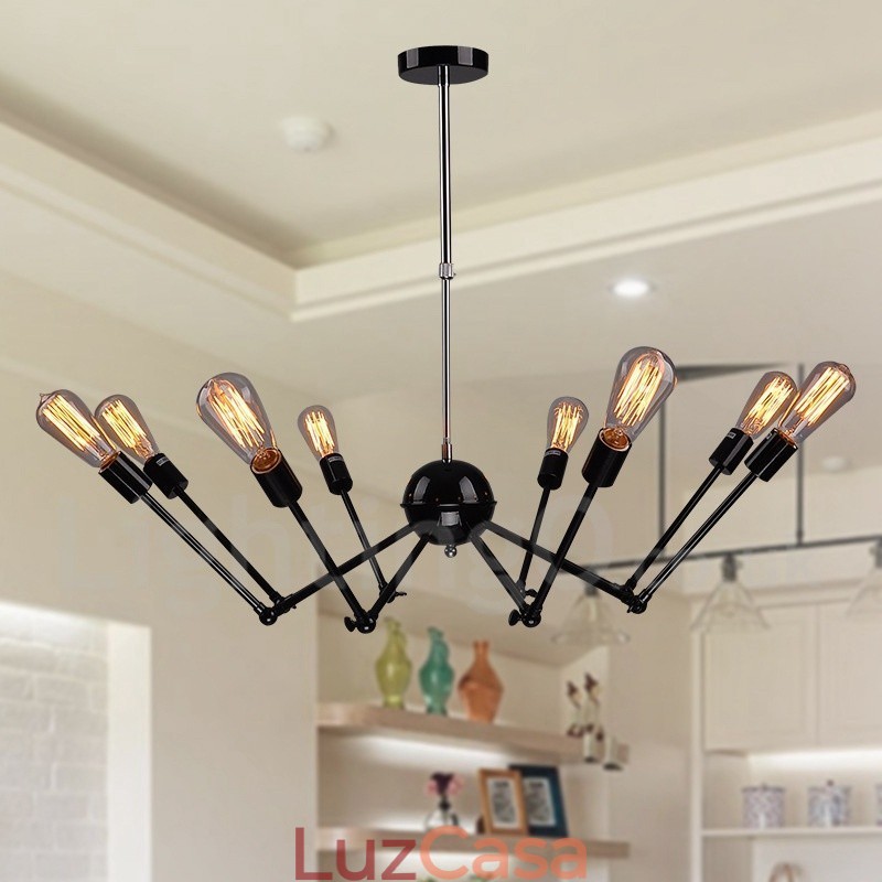 Lustre de metal vintage retrô preto com 8 luzes e camada única