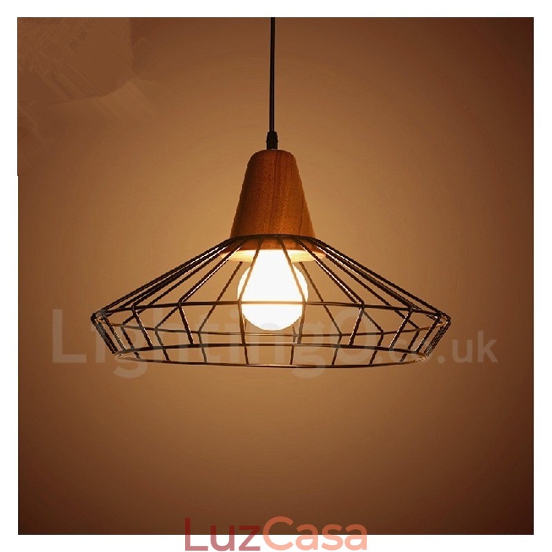 Luminária pendente de madeira e metal vintage