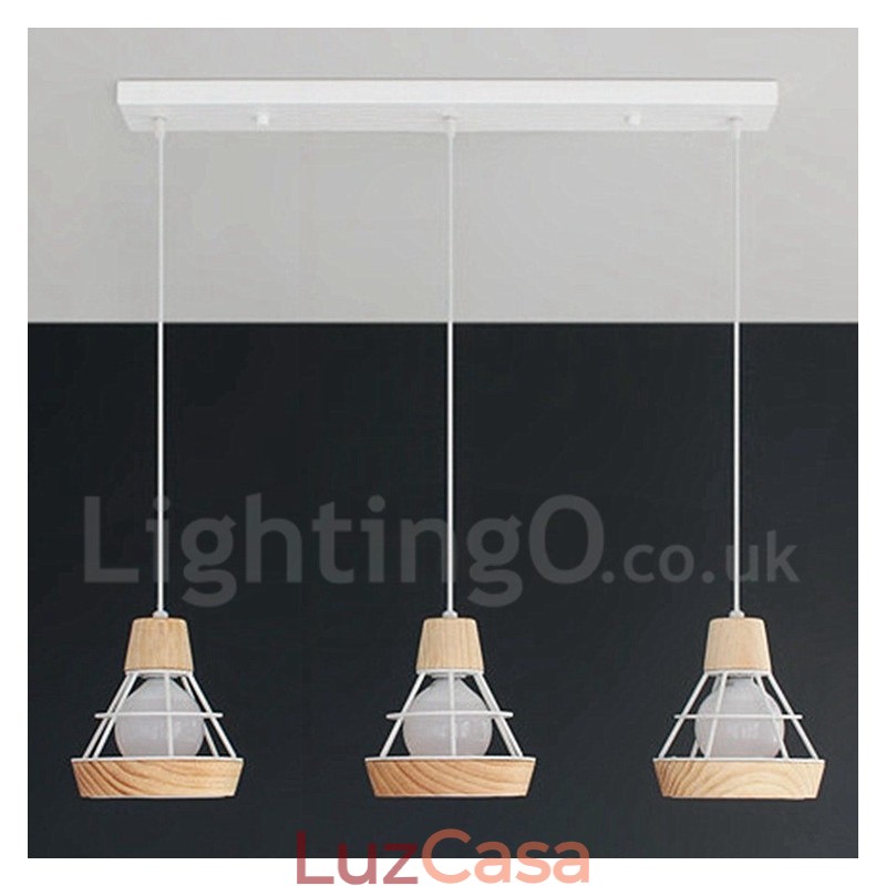 Luminária pendente de madeira e metal para sala de jantar
