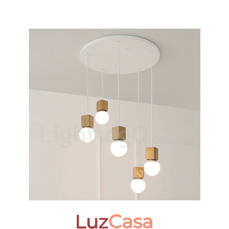 Luminária pendente rústica de madeira com 5 luzes