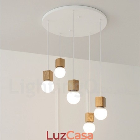Luminária pendente rústica de madeira com 5 luzes