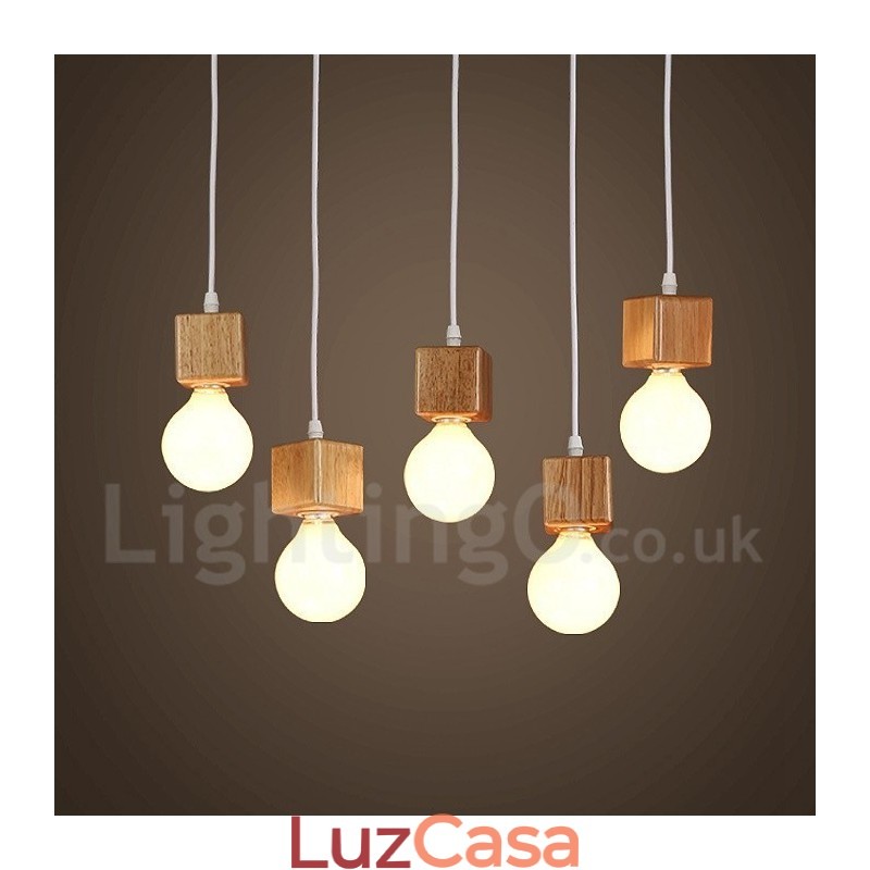Luminária pendente rústica de madeira com 5 luzes