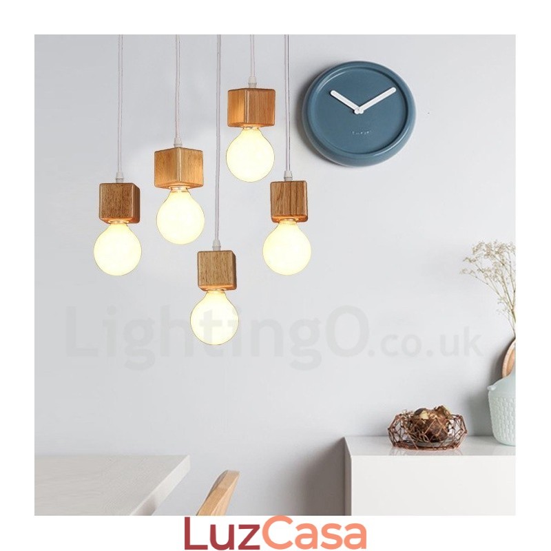 Luminária pendente rústica de madeira com 5 luzes