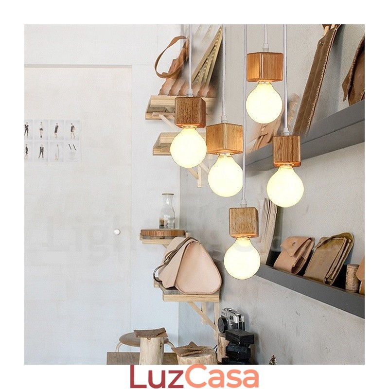 Luminária pendente rústica de madeira com 5 luzes