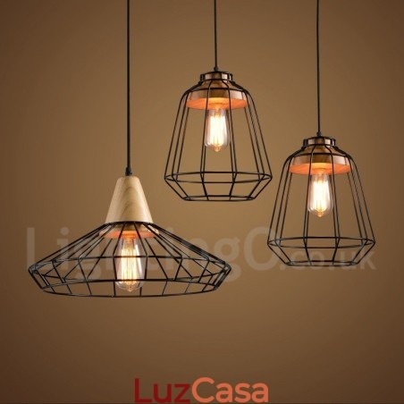 Luminária pendente de madeira e metal country