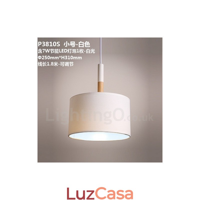 Luminária pendente moderna contemporânea em forma de tambor de madeira com cúpula de tecido