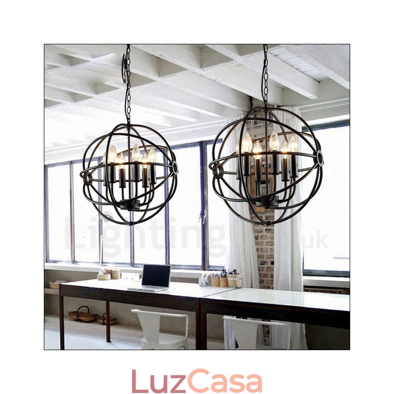 Luminária pendente vintage de globo de metal com 6 luzes