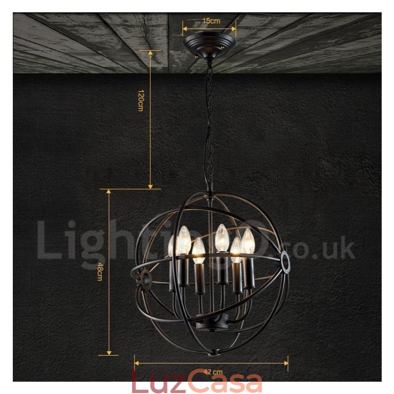 Luminária pendente vintage de globo de metal com 6 luzes