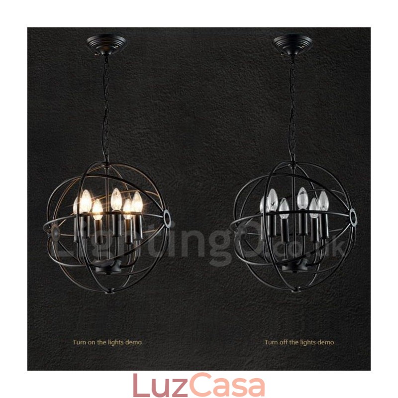 Luminária pendente vintage de globo de metal com 6 luzes
