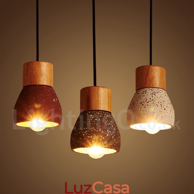 Luminária pendente moderna contemporânea de concreto com 1 luz de madeira