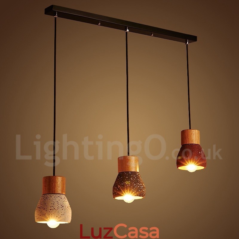 Luminária pendente moderna contemporânea de concreto com 1 luz de madeira