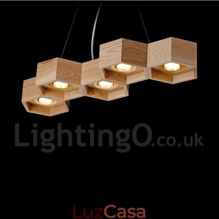Luminária pendente moderna contemporânea de madeira com 5 luzes Luminária pendente moderna contemporânea de madeira com 5 luzes