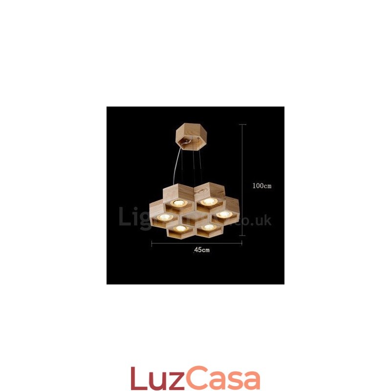 Luminária pendente moderna contemporânea de madeira com 6 luzes