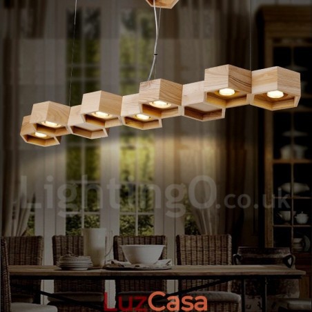 Luminária pendente moderna contemporânea de madeira com 7 luzes Luminária pendente moderna contemporânea de madeira com 7 luzes