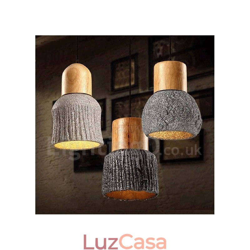 Luminária pendente retrô vintage de madeira e concreto