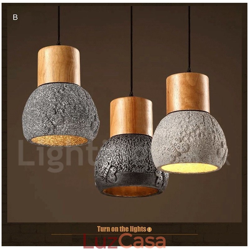 Luminária pendente retrô vintage de madeira e concreto