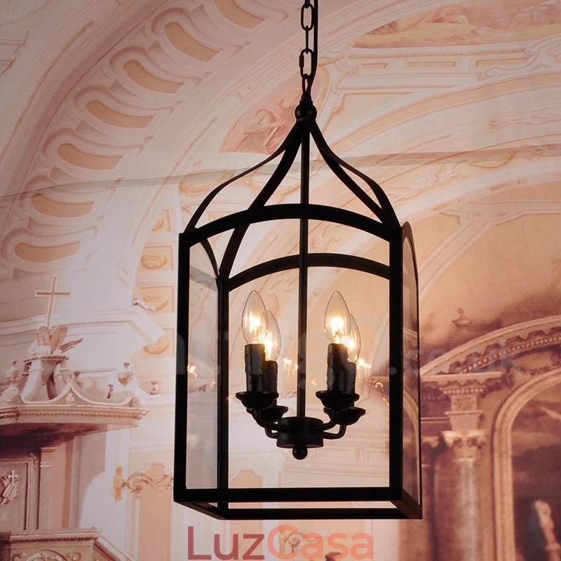 Luminária pendente rústica de metal preto com 4 luzes e cúpula de vidro