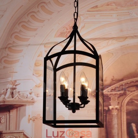 Luminária pendente rústica de metal preto com 4 luzes e cúpula de vidro Luminária pendente rústica de metal preto com 4 luzes e cúpula de vidro