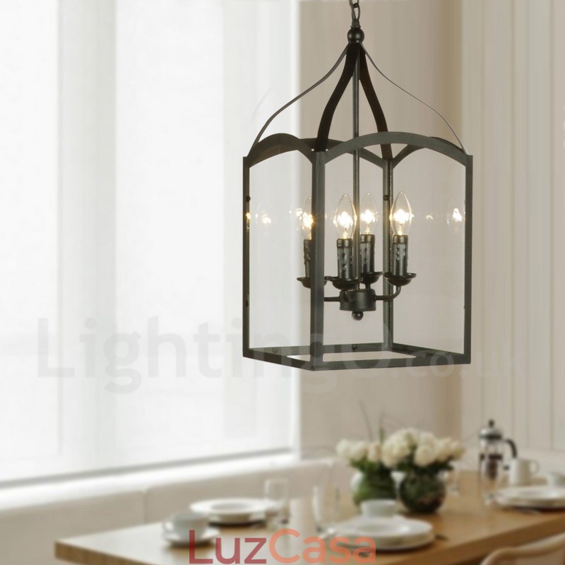 Luminária pendente rústica de metal preto com 4 luzes e cúpula de vidro