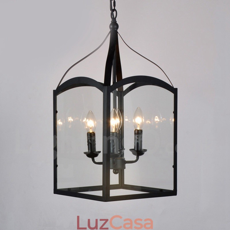 Luminária pendente rústica de metal preto com 4 luzes e cúpula de vidro