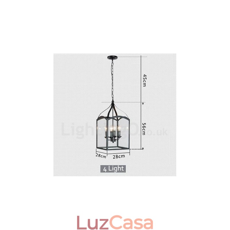 Luminária pendente rústica de metal preto com 4 luzes e cúpula de vidro
