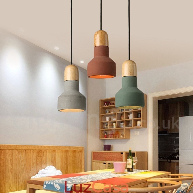 Luminária pendente vintage de concreto de madeira multicolorida para lâmpada