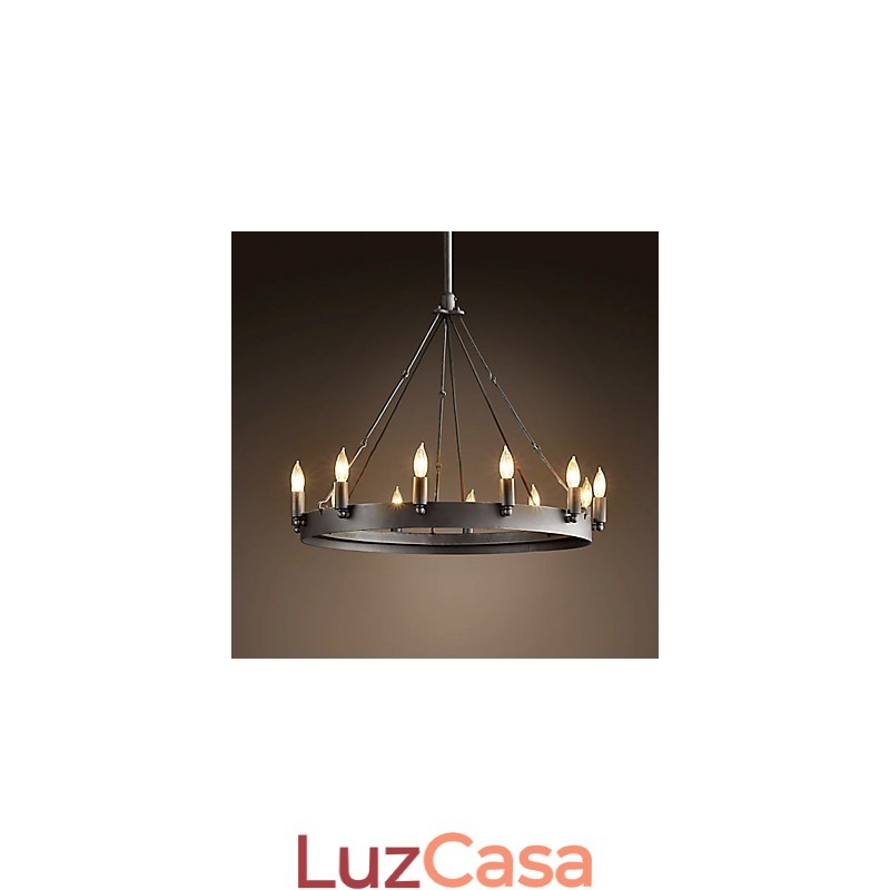 Luminária pendente de ferro estilo retrô com 12 luzes em formato de vela