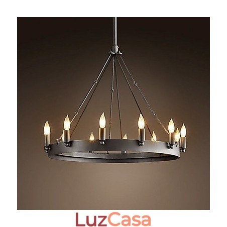 Luminária pendente de ferro estilo retrô com 12 luzes em formato de vela Luminária pendente de ferro estilo retrô com 12 luzes em formato de vela
