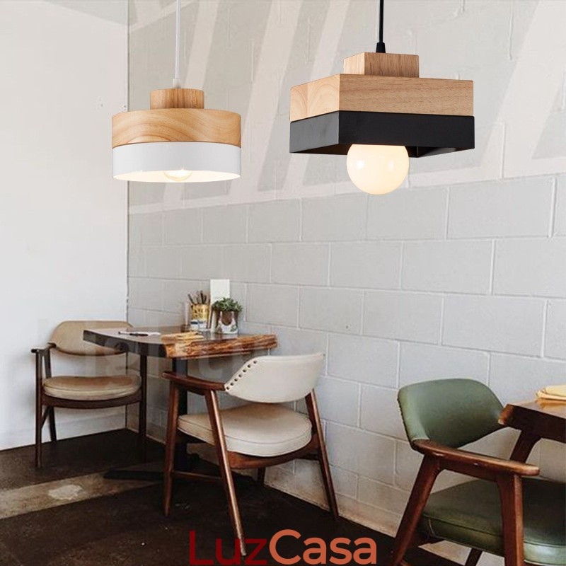 Luminária pendente moderna contemporânea de madeira e metal