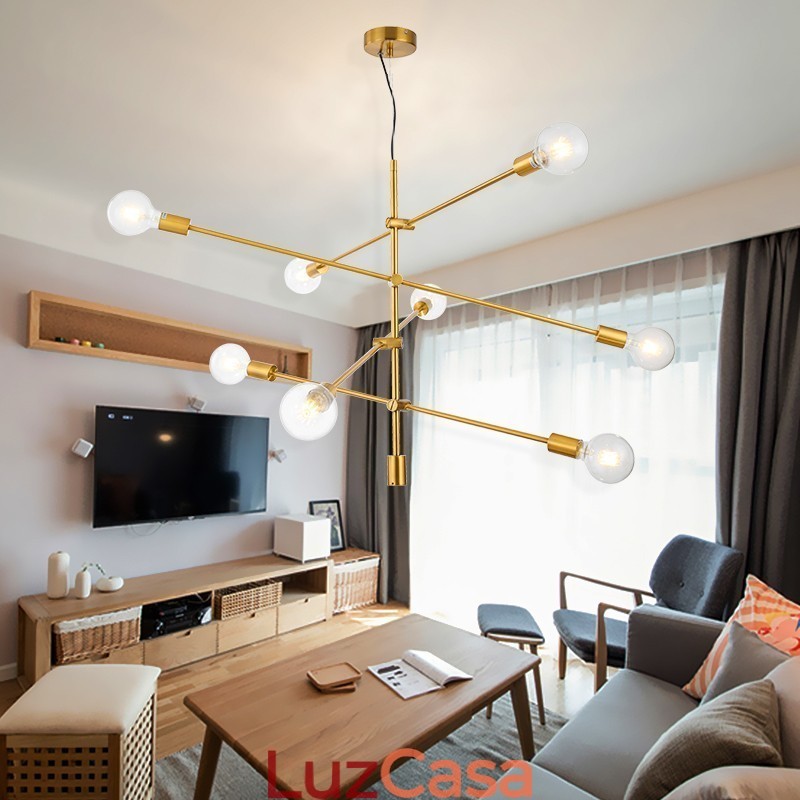 Lustre de cobre com 6 luzes e abajur de vidro