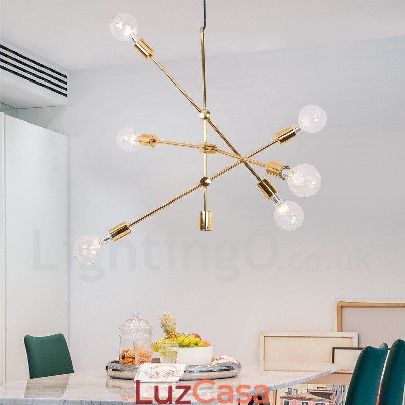 Lustre de cobre com 6 luzes e abajur de vidro