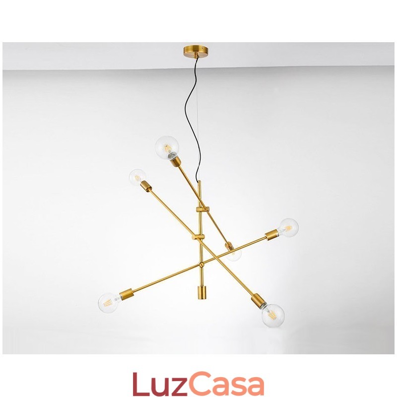 Lustre de cobre com 6 luzes e abajur de vidro