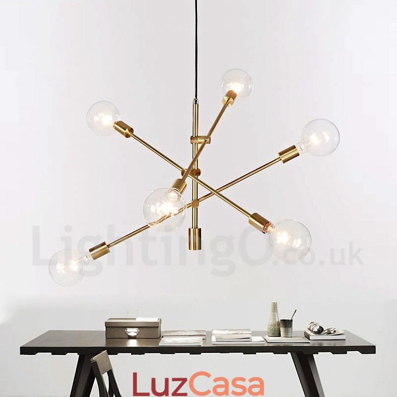 Lustre de cobre com 6 luzes e abajur de vidro
